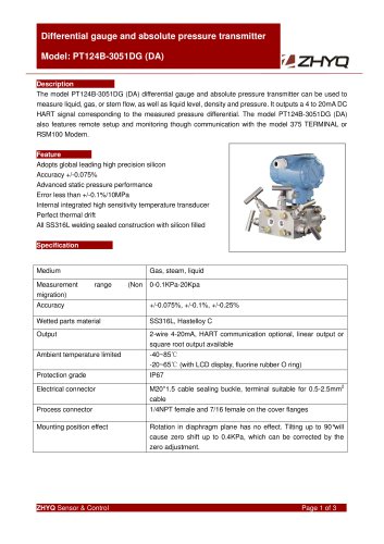 ZHYQ PT124B-3051DG differential pressure transmitter for pharmacy industry