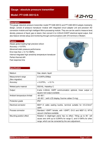 ZHYQ PT124B-3051G(A) differential pressure transmitter for petroleum