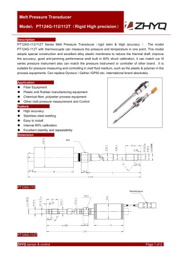 ZHYQ PT124G-112 high accuracy rigid melt pressure transducer for plastic extruder