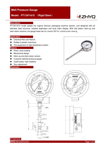 ZHYQ PT124Y-610 Mechanical rigid melt pressure gauge