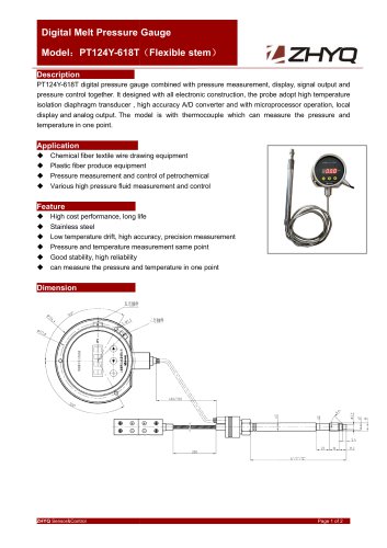 ZHYQ PT124Y-618T Digital mechanical flexible melt pressure gauge for chemical fibre