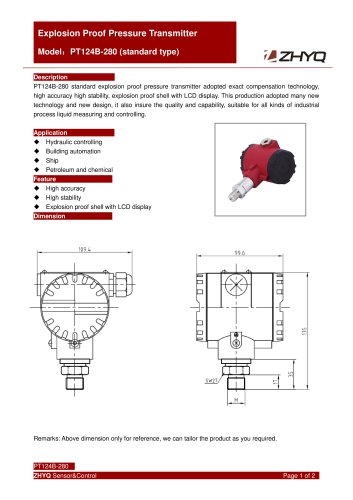 ZHYQ Standard expolsion proof pressure transmitter PT124B-280 for pressure measurement in hazardous locations