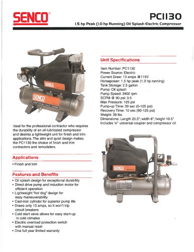 PC1130 1.5 hp (peak), 1 hp (running) Electric Oil-Splash Compressor