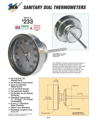 Hygienic Bimetal Thermometers  AA, BB, JJ and LL Bimetal Thermometers