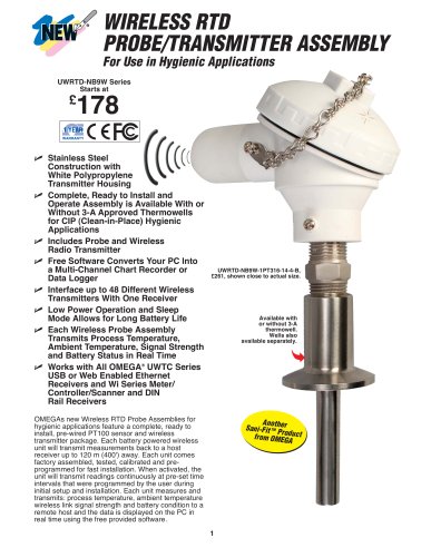 Wireless Pt100 Probe/Transmitter Assembly UWRTD-TW-NB9W Series