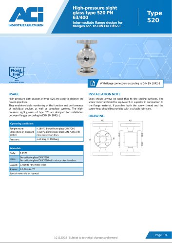 High-pressure sight glass type 520 PN 63/400