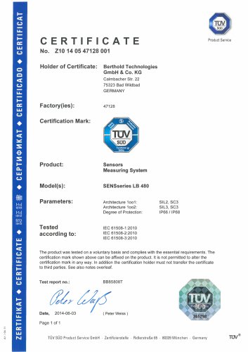 Certificate SENSseries LB 480