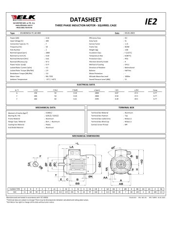 DATASHEET THREE PHASE INDUCTION MOTOR - SQUIRREL CAGE IE2