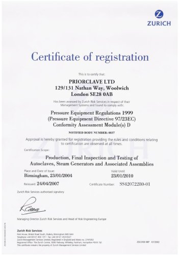 Priorclave Certification ISO9000:2000 etc.