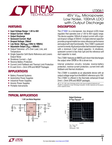 LT 3061  45V V IN , Micropower, Low Noise, 100mA LDO with Output Discharge