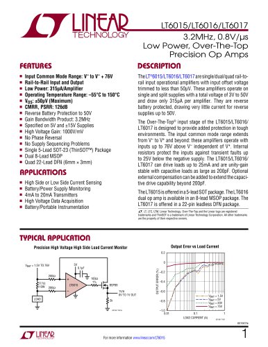 LT6015/LT6016/LT6017 - 3.2MHz, 0.8V/?s Low Power, Over-The-Top Precision Op Amps