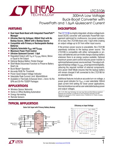 LTC3106 - 300mA Low Voltage Buck-Boost Converter with PowerPath and 1.6μA Quiescent Current