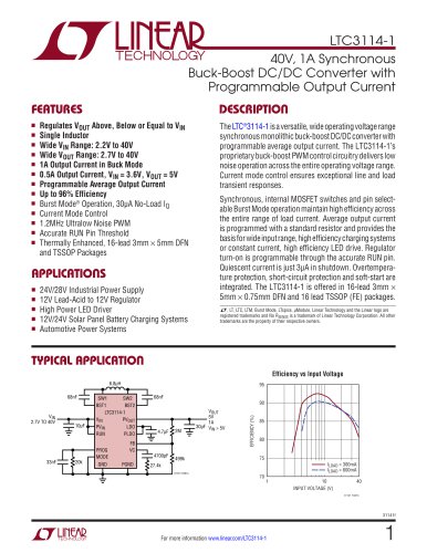 LTC3114-1 - 40V, 1A Synchronous Buck-Boost DC/DC Converter with Programmable Output Current