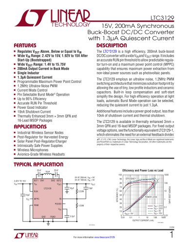 LTC3129 - 15V, 200mA Synchronous Buck-Boost DC/DC Converter with 1.3?A Quiescent Current