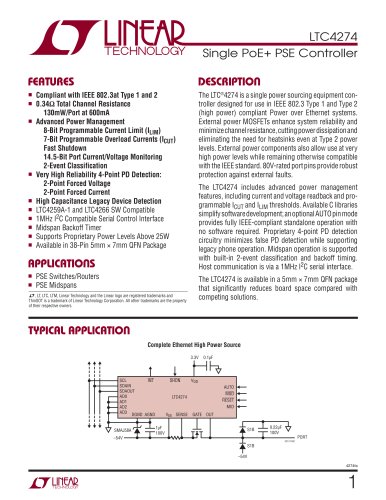 LTC4274 - Single IEEE 802.3at Power Over Ethernet Controller