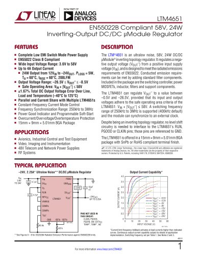 LTM4651 EN55022B Compliant 58V, 24W Inverting-Output DC/DC μModule Regulator