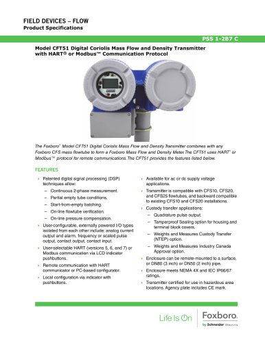 Model CFT51 Digital Coriolis Mass Flow and Density Transmitter with HART® or Modbus™ Communication Protocol