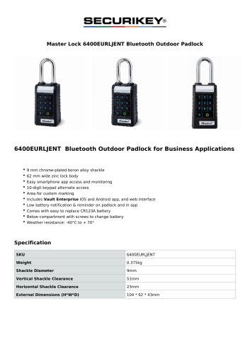 Master Lock 6400EURLJENT Bluetooth Outdoor Padlock