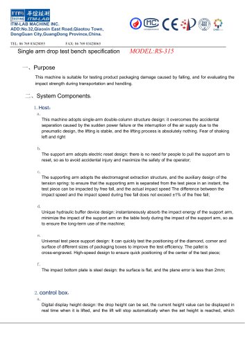 Single arm drop test bench specification RS-315