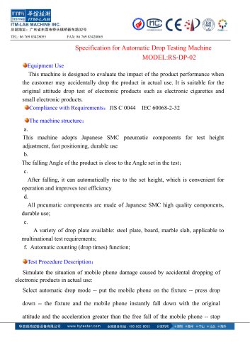 Specification for Automatic Drop Testing Machine RS-DP-02