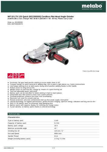 WF 18 LTX 125 QUICK (601306500) CORDLESS FLAT-HEAD ANGLE GRINDER