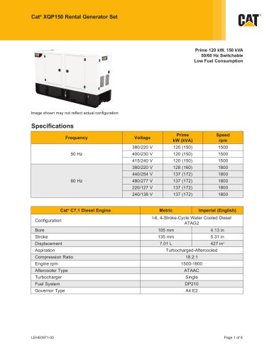 XQP150 Rental Generator Set Spec sheet (Low Fuel Consumption)