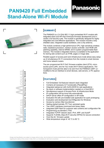 PAN9420 Full Embedded Stand-Alone Wi-Fi Module