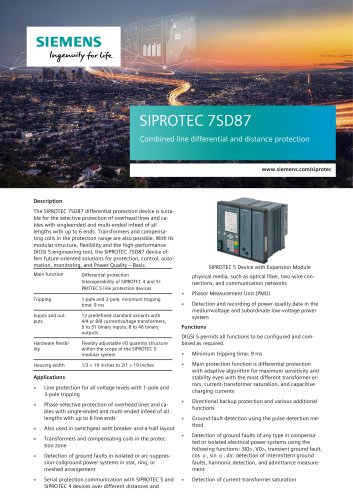 SIPROTEC 7SD87 Combined line differential and distance protection