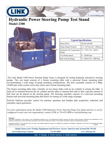 Hydraulic Power Steering Pump Test Stand Model 2300