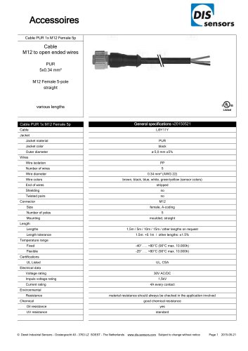 Cable PUR 1x M12 Female 5p