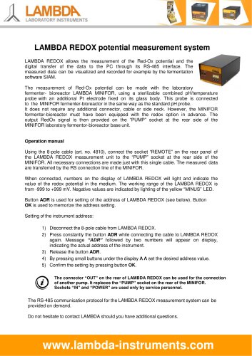 LAMBDA REDOX potential measurement for MINIFOR laboratory fermenter-bioreactor