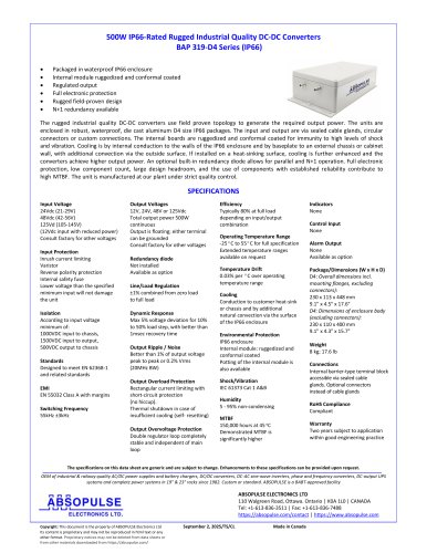 BAP 319-D4 500W IP66-rated DC-DC converters for harsh industrial environments