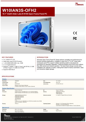 10.1" Intel&reg; Alder Lake-N N150 Open Frame Panel PC W10IAN3S-OFH2