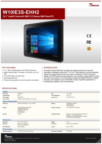 10.1" Intel&reg; Celeron&reg; N6211 E Series HMI Panel PC W10IE3S-EHH2
