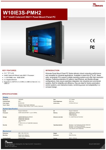 10.1" Intel&reg; Celeron&reg; N6211 Panel Mount Panel PC W10IE3S-PMH2