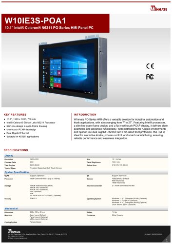 10.1" Intel&reg; Celeron&reg; N6211 PO Series HMI Panel PC W10IE3S-POA1
