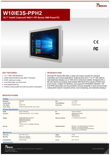 10.1" Intel&reg; Celeron&reg; N6211 PP Series HMI Panel PC W10IE3S-PPH2