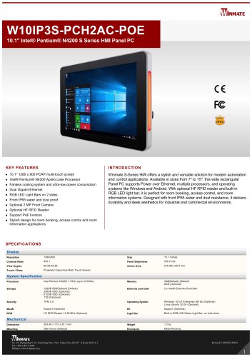 10.1" Intel&reg; Pentium&reg; N4200 S Series HMI Panel PC W10IP3S-PCH2AC-POE