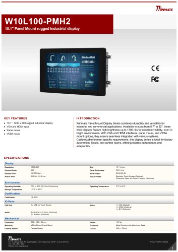 10.1" Panel Mount rugged industrial display W10L100-PMH2