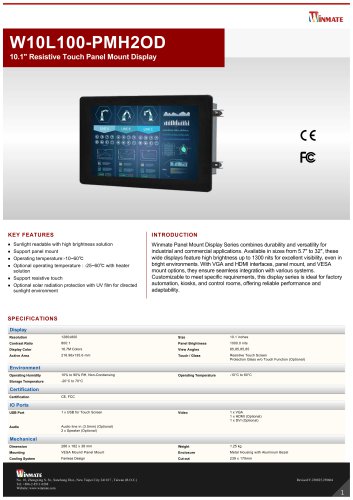 10.1" Resistive Touch Panel Mount Display W10L100-PMH2OD