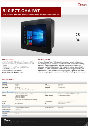 10.4" Intel&reg; Celeron&reg; N2930 Chassis Wide Temperature Panel PC R10IP7T-CHA1WT