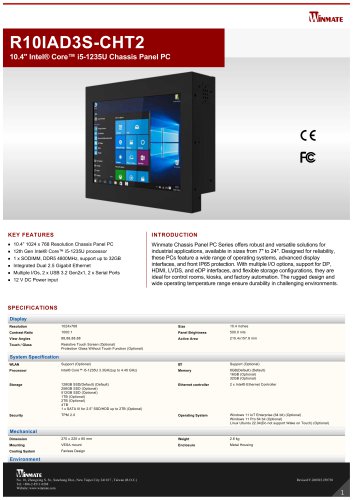 10.4" Intel&reg; Core&trade; i5-1235U Chassis Panel PC R10IAD3S-CHT2