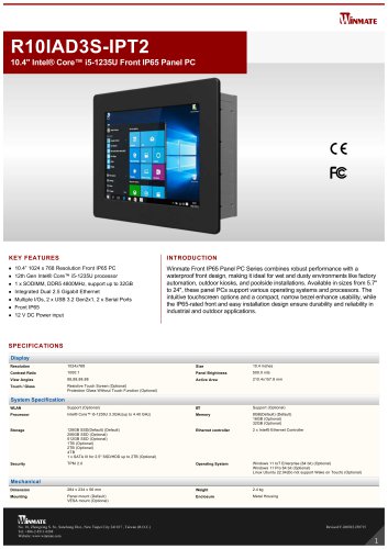 10.4" Intel&reg; Core&trade; i5-1235U Front IP65 Panel PC R10IAD3S-IPT2