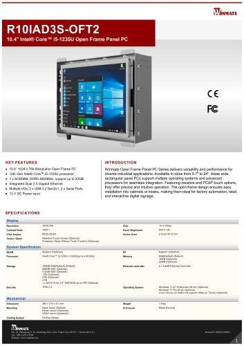  10.4" Intel&reg; Core&trade; i5-1235U Open Frame Panel PC R10IAD3S-OFT2