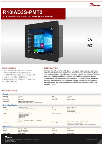 10.4" Intel&reg; Core&trade; i5-1235U Panel Mount Panel PC R10IAD3S-PMT2