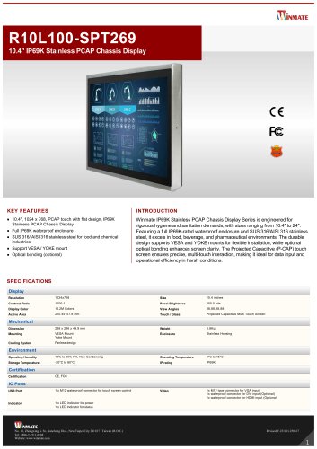 10.4" IP69K Stainless PCAP Chassis Display R10L100SPT269 