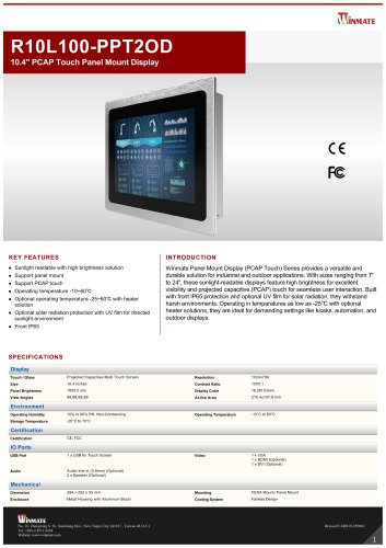 10.4" PCAP Touch Panel Mount Display R10L100-PPT2OD