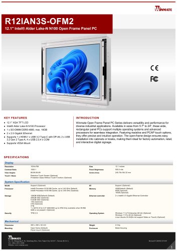12.1" Intel&reg; Alder Lake-N N150 Open Frame Panel PC R12IAN3S-OFM2