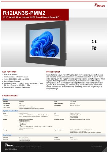 12.1" Intel&reg; Alder Lake-N N150 Panel Mount Panel PC R12IAN3S-PMM2