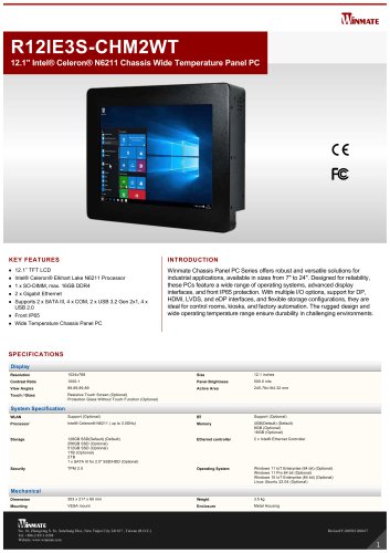 12.1" Intel&reg; Celeron&reg; N6211 Chassis Wide Temperature Panel PC R12IE3S-CHM2WT